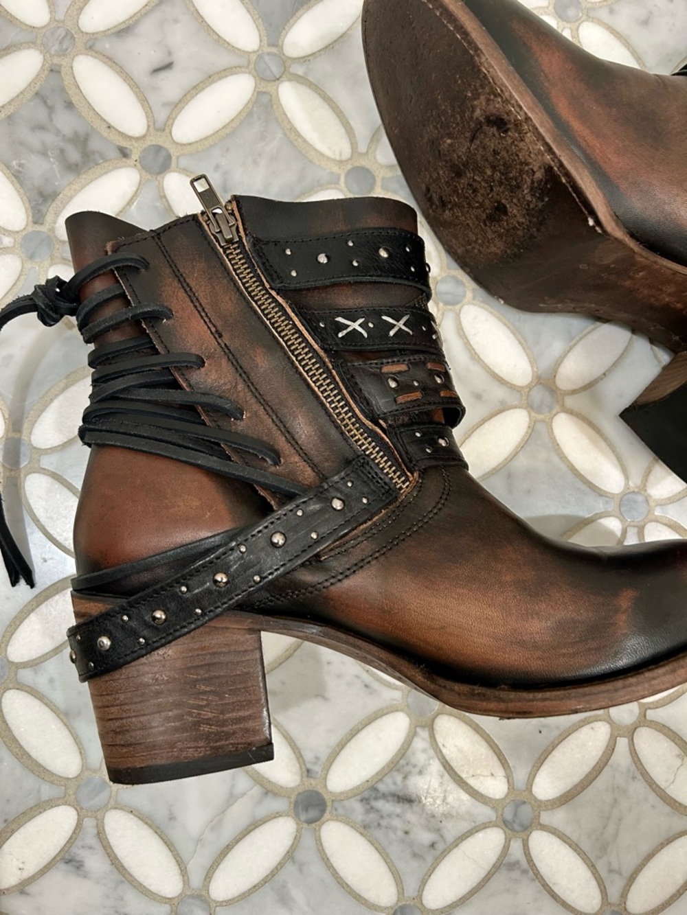 Freebird by Steven Caspian Leather Multi-Strap Studded Moto Boots Brown Black 10 - Picture 5 of 14